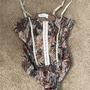 Cream and Brown Bodysuit with Ruffled Cap Sleeves